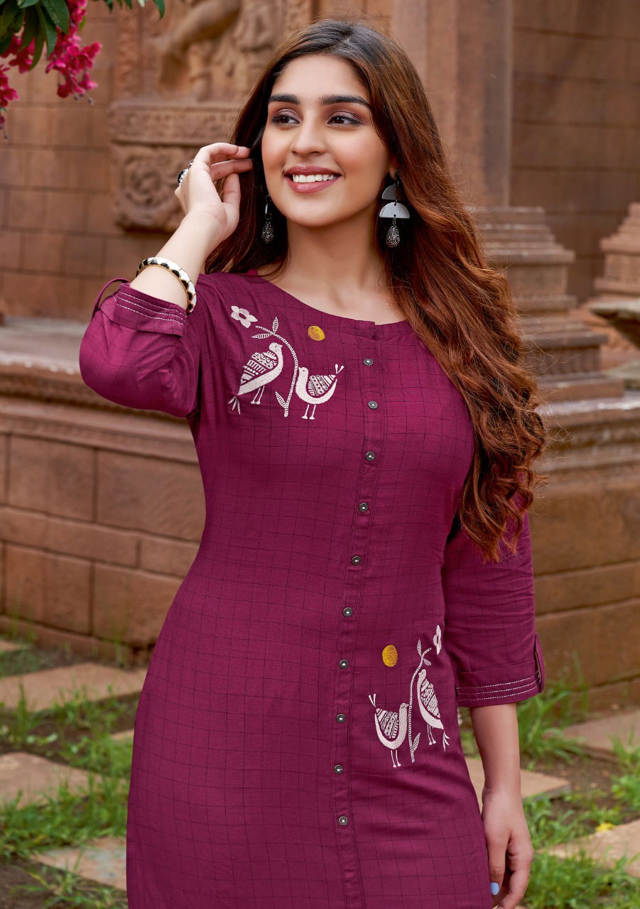 Mitttoo Triveni Ethnic Wear Rayon Checks Work Designer Kurti Collection